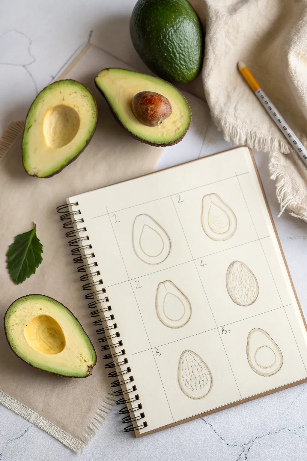 Step-by-step avocado sketch from an egg shape in a minimalist 2x3 grid, easy and cute to draw