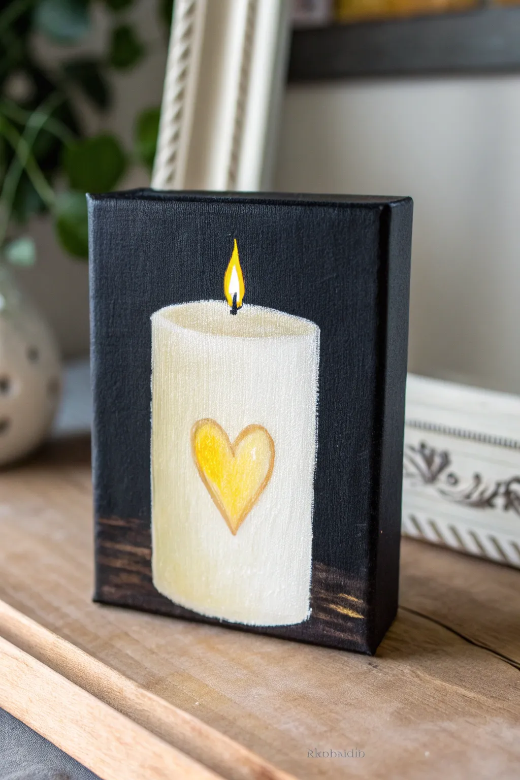 Beginner-friendly tiny canvas: simple candle with heart flame and cozy golden glow on dark background