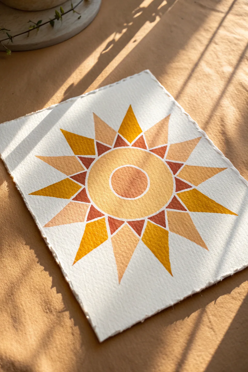 Minimal sunburst in warm yellow and orange, a simple two-color pattern perfect for beginners.