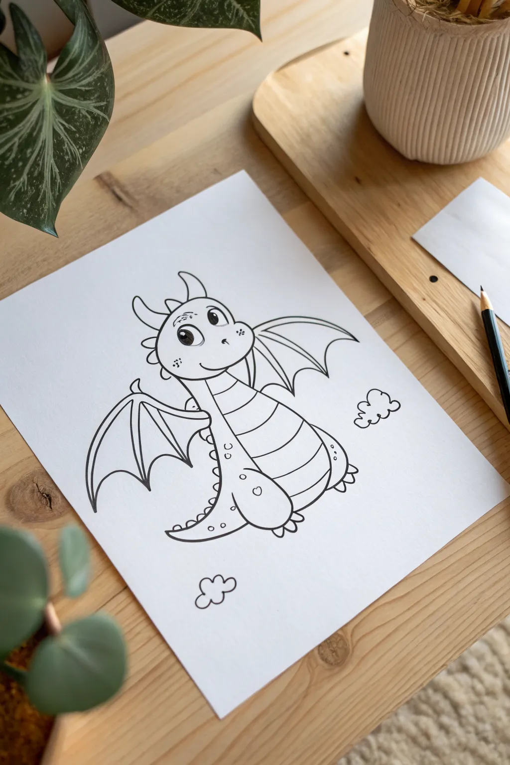Easy dragon drawing with cloud-like shapes and leaf wings, a fun kid-friendly sketch idea