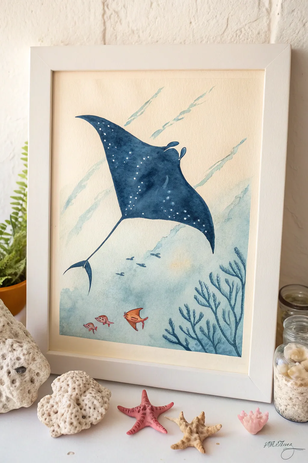 Minimal manta ray silhouette over simple coral shapes, a calm underwater sketch to copy.