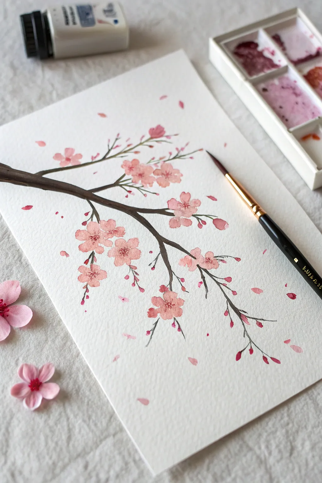 Minimal cherry blossom branch of pink heart petals, a sweet and easy Valentines painting