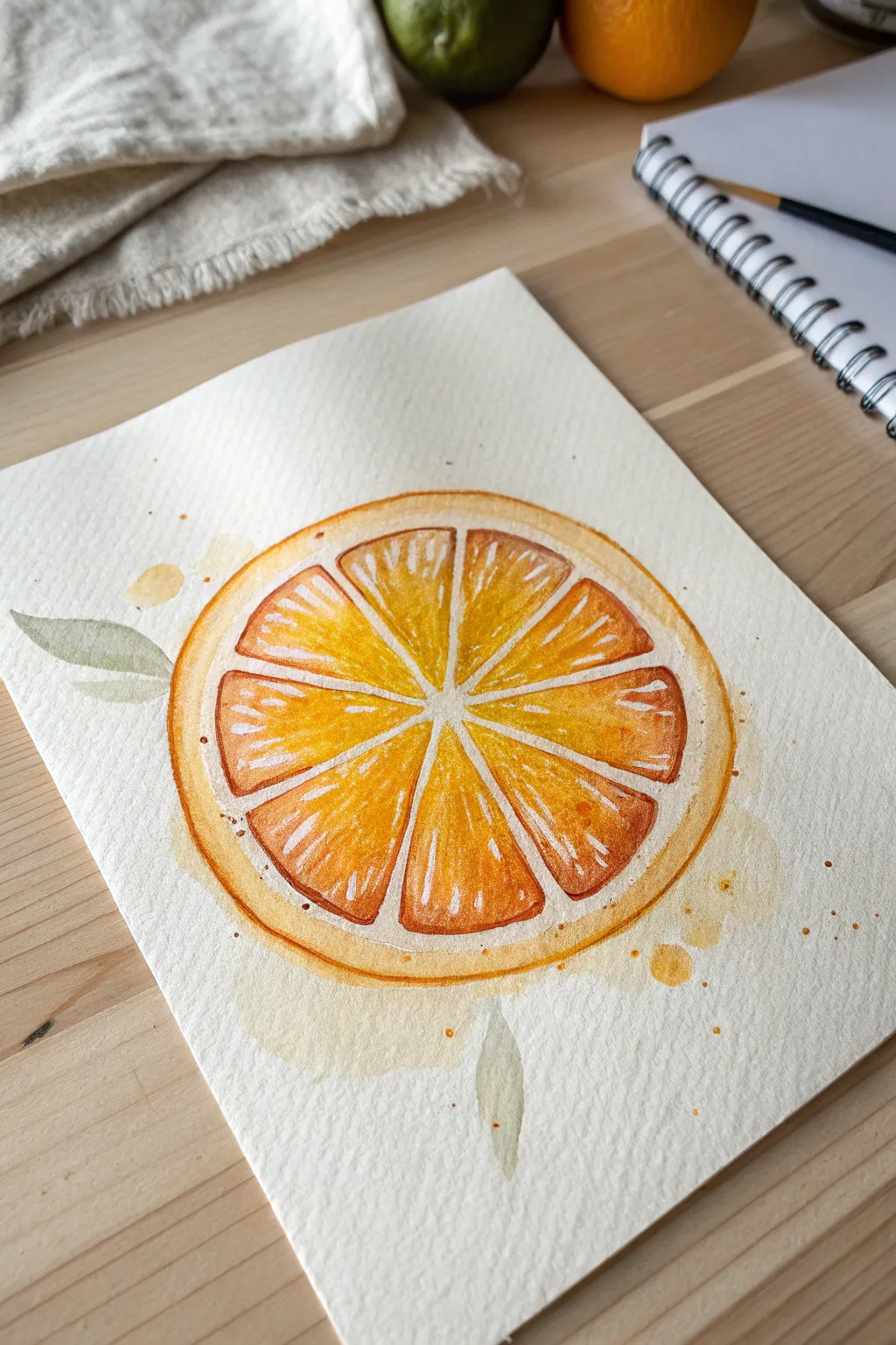 Bright citrus slice in watercolor with transparent glazes for a fresh, juicy minimalist look.