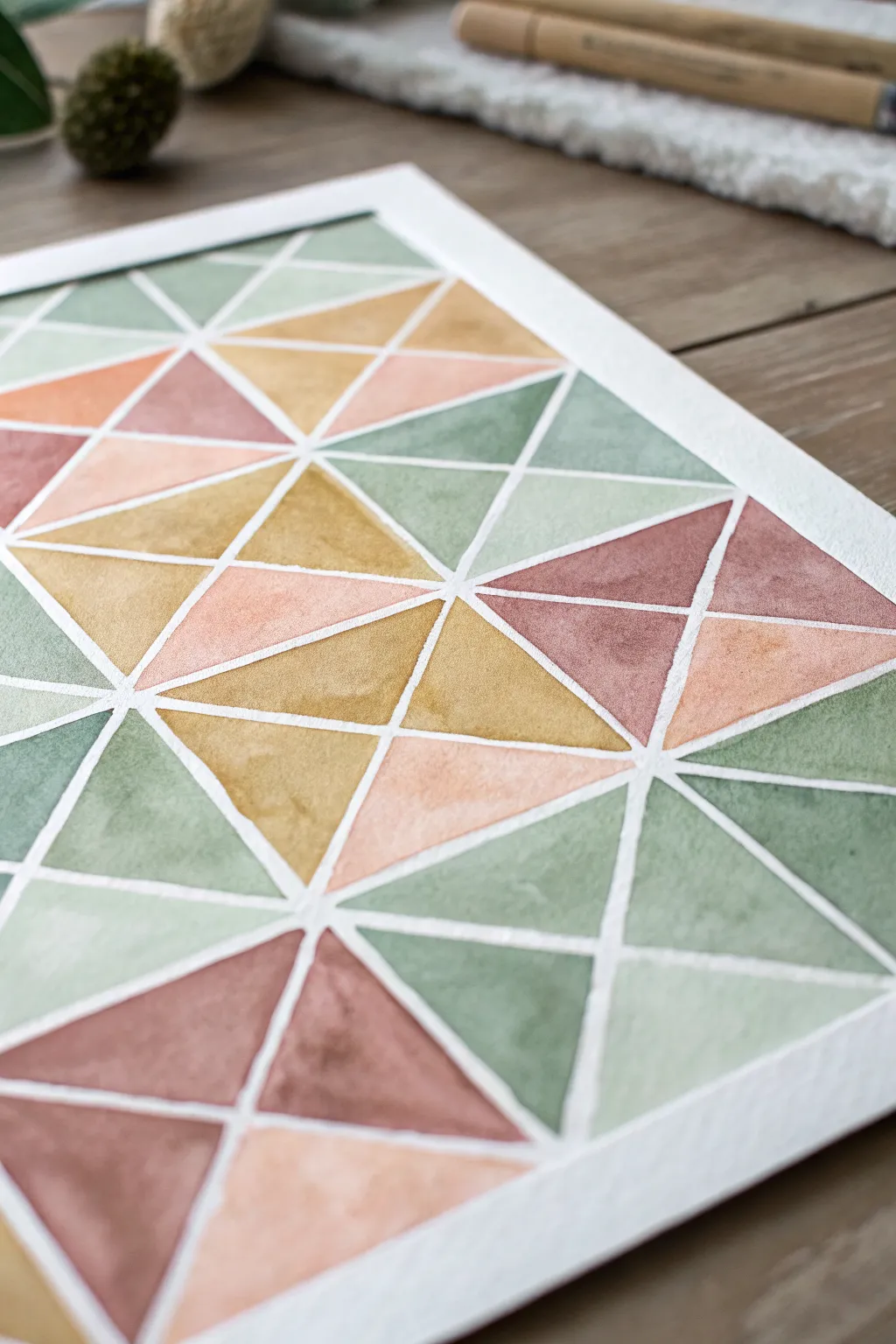 Crisp masking tape lines and soft watercolor blocks for an easy geometric painting to copy