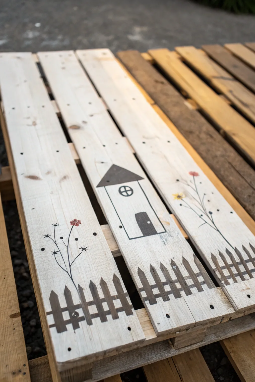 Minimal tiny house and fence wood painting on a rustic board, softly side-lit for contrast