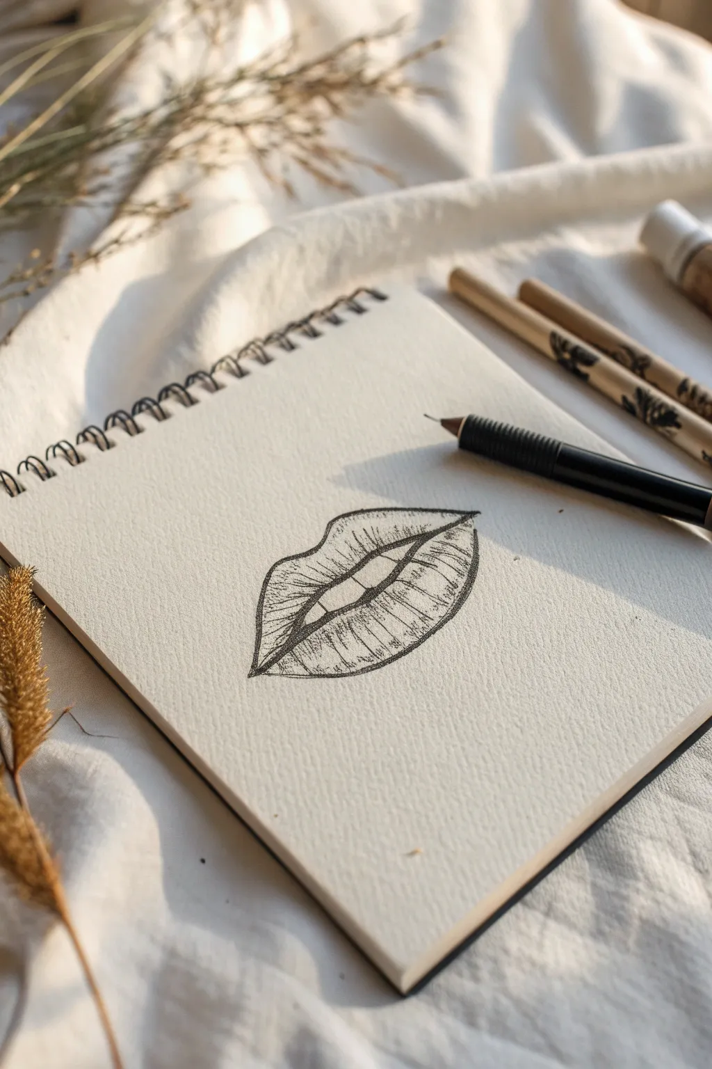 Minimal stitched-mouth sketch with bold shadows and clean lines for an edgy minimalist vibe
