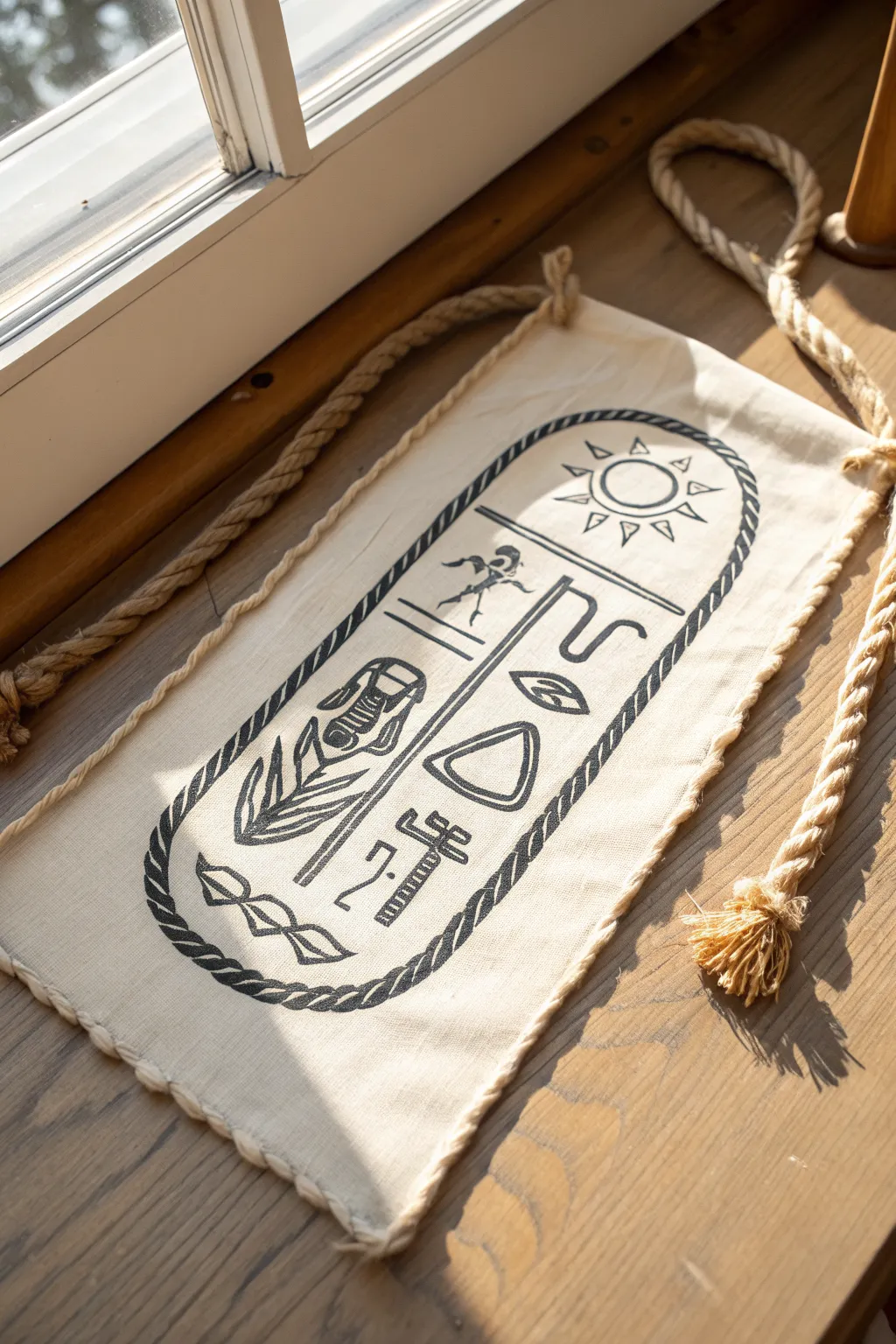 Easy cartouche drawing idea with a braided border, simple hieroglyph shapes, and a tiny knot finish