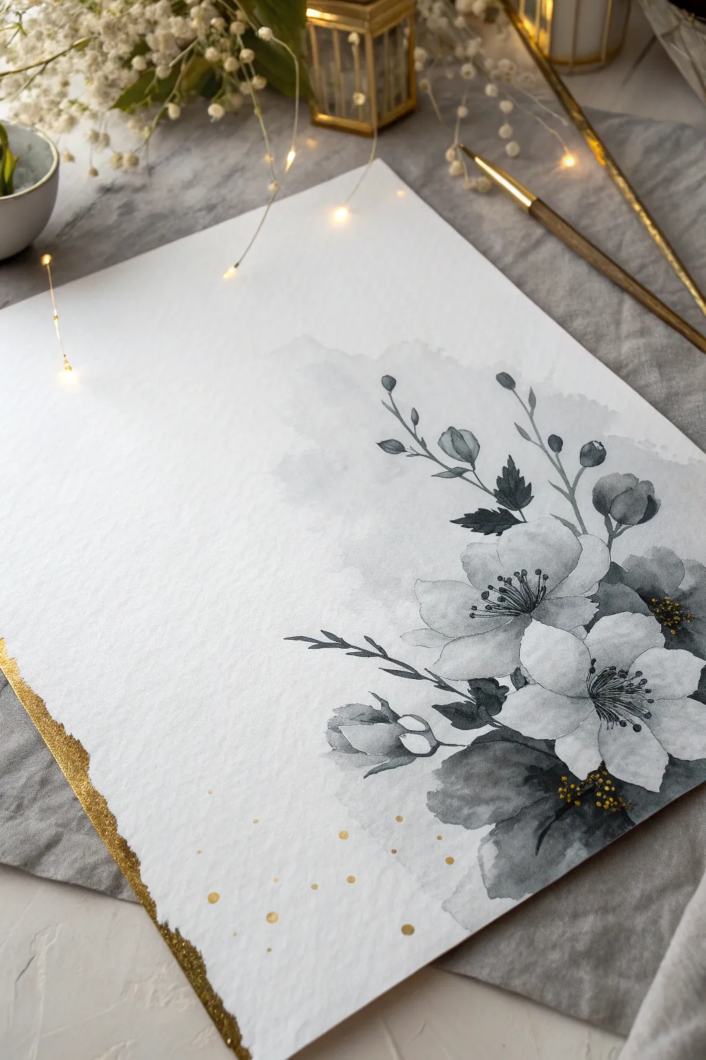 Minimal ink wash blooms with a corner of gold splatter, modern and elegant to paint.