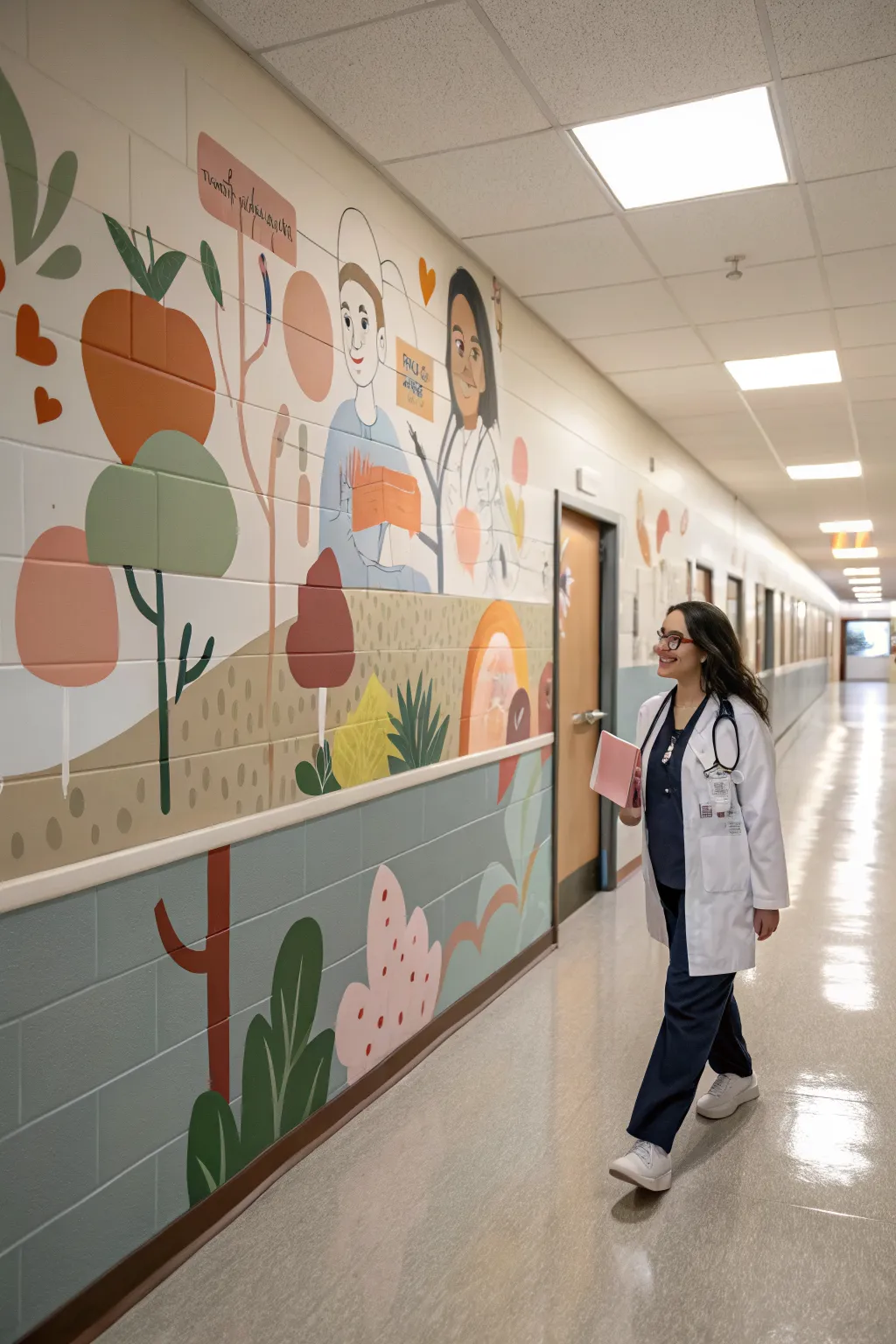 Community Helpers hallway mural idea: friendly diverse helpers in warm minimalist boho colors