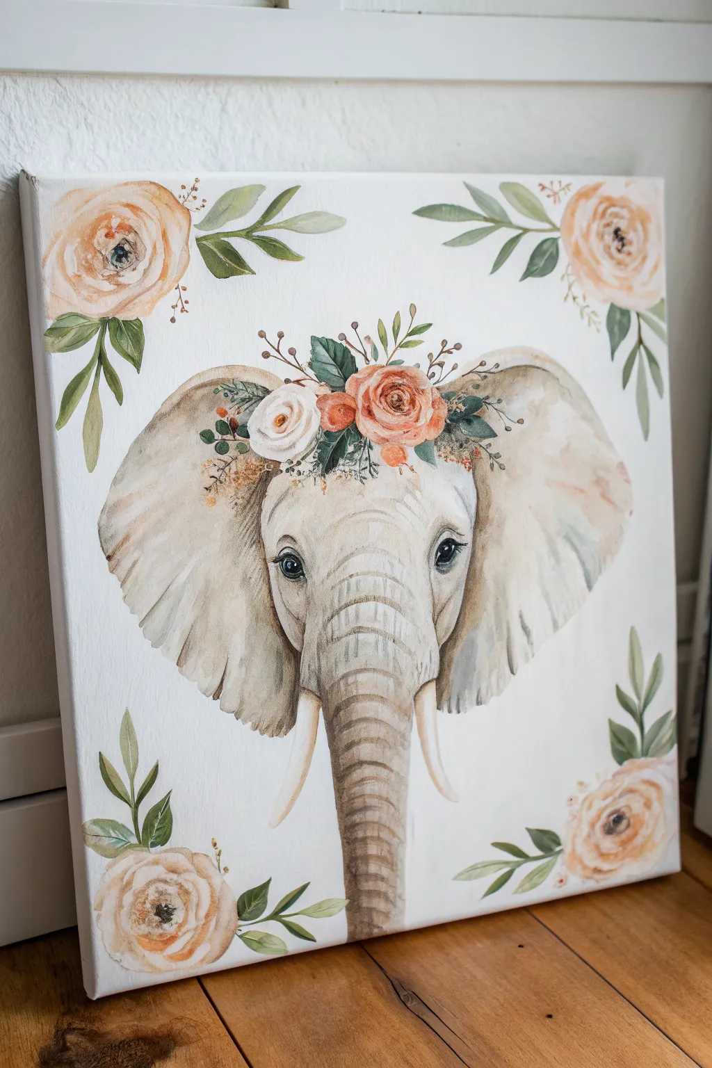 Paint a gentle elephant portrait topped with a boho floral crown on a soft pastel backdrop