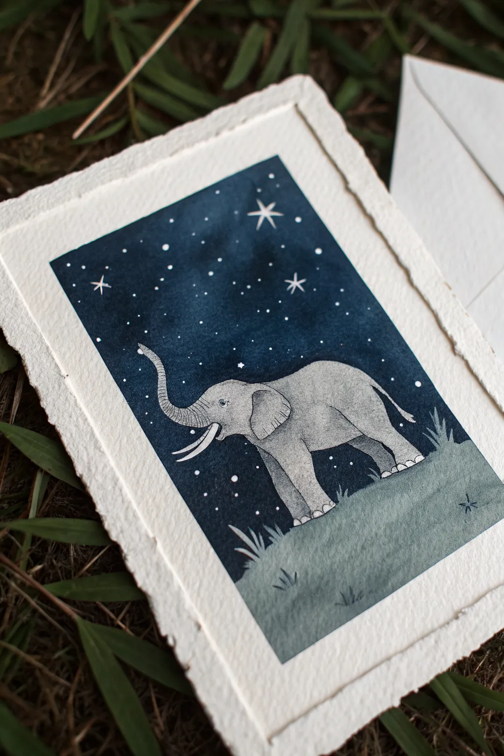Calm night-sky elephant rock painting with tiny stars, minimalist and dreamy DIY art.
