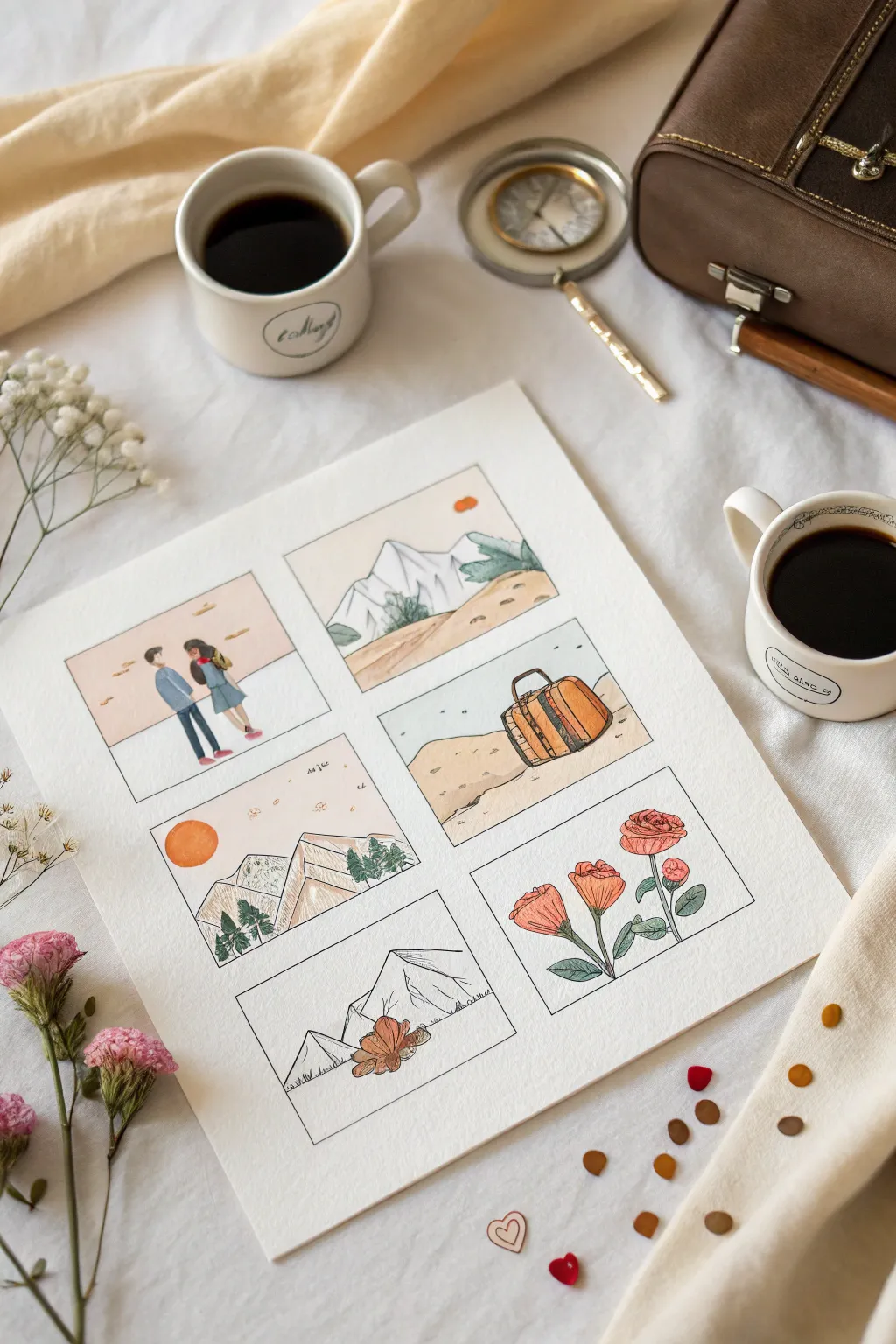 Mini love-story storyboard: four tiny watercolor panels capturing date, trip, proposal, engagement.