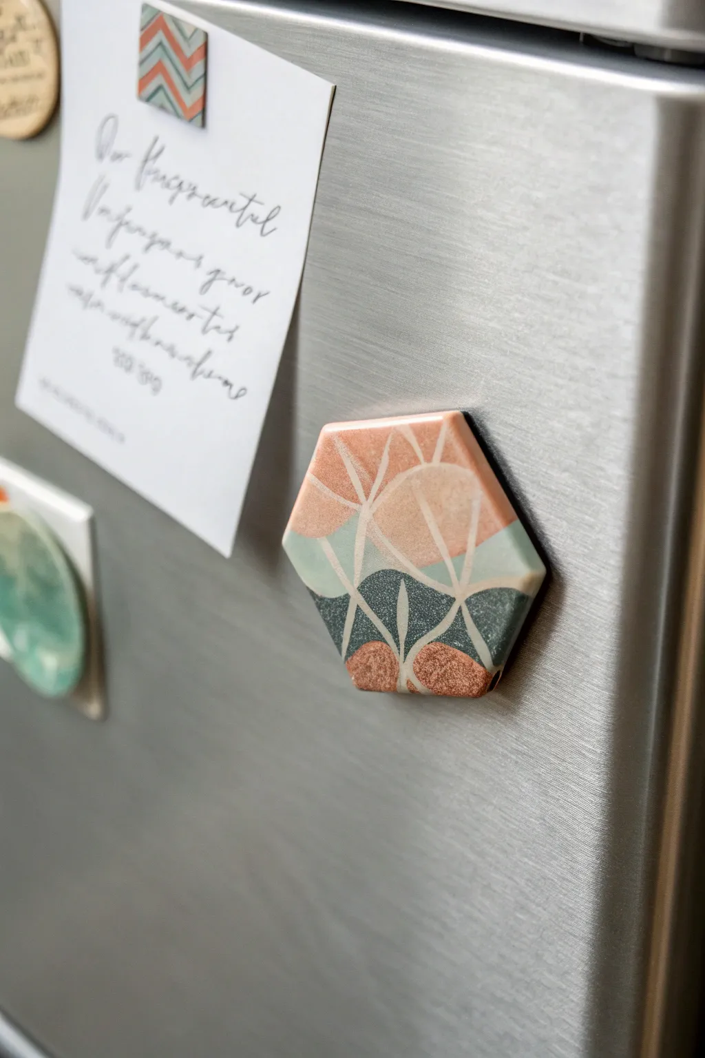 Mini abstract epoxy resin magnet holding blank sketch paper, minimalist boho with crisp contrast