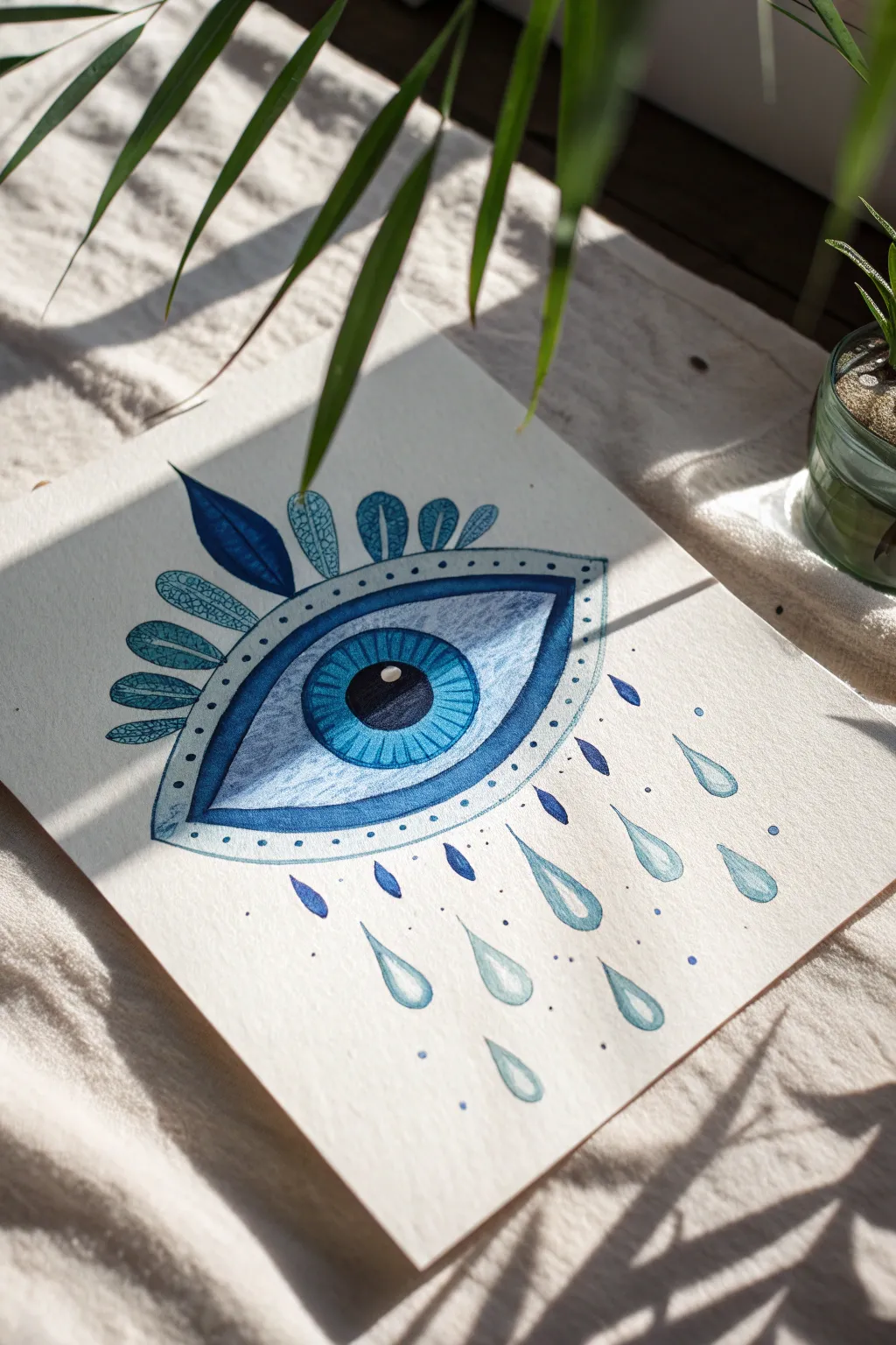 Surreal evil eye melts into fluid ribbons, minimalist boho palette and calming negative space.