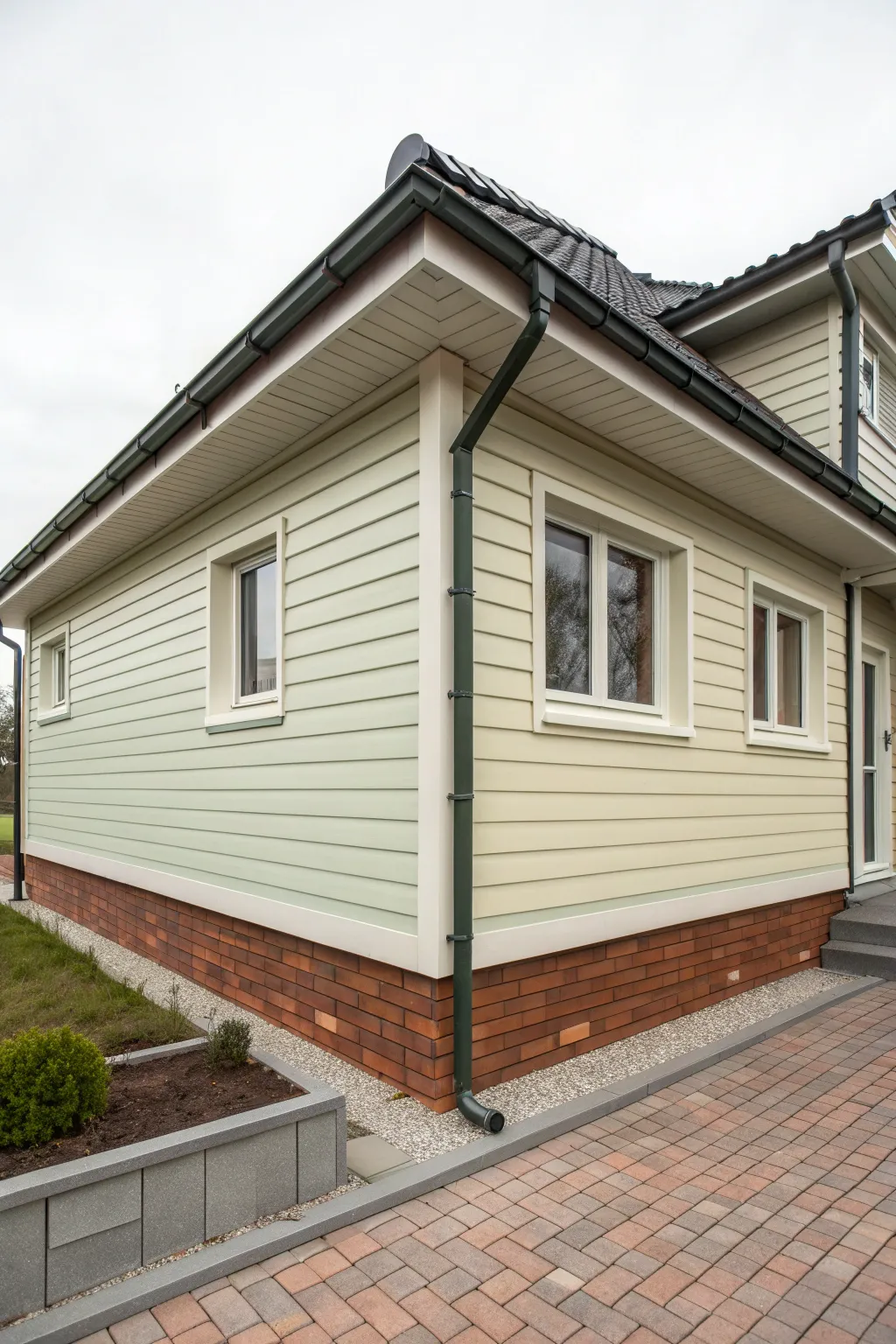 Exterior paint palette that coordinates siding and trim with roof, brick, and stone