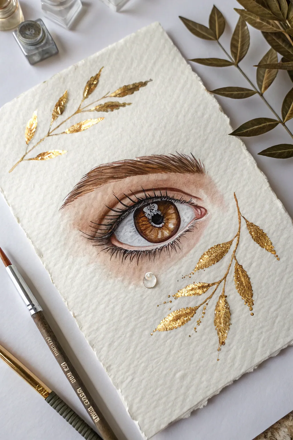 Elevate your watercolor eye studies with shimmering gold leaf accents for a luxe finish.
