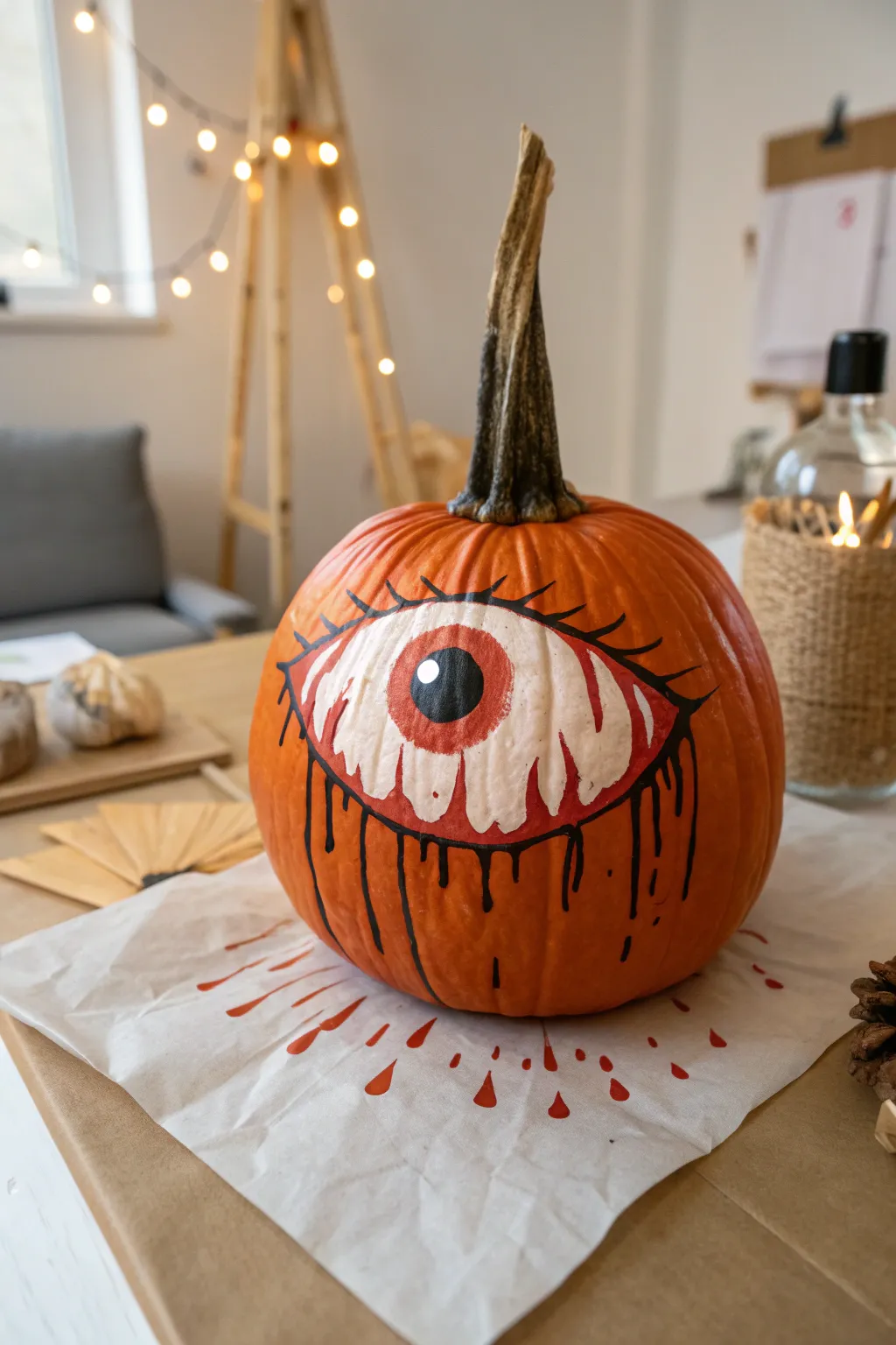 Drippy ooze eyeball pumpkin with glossy paint trails, minimalist craft-table setup.