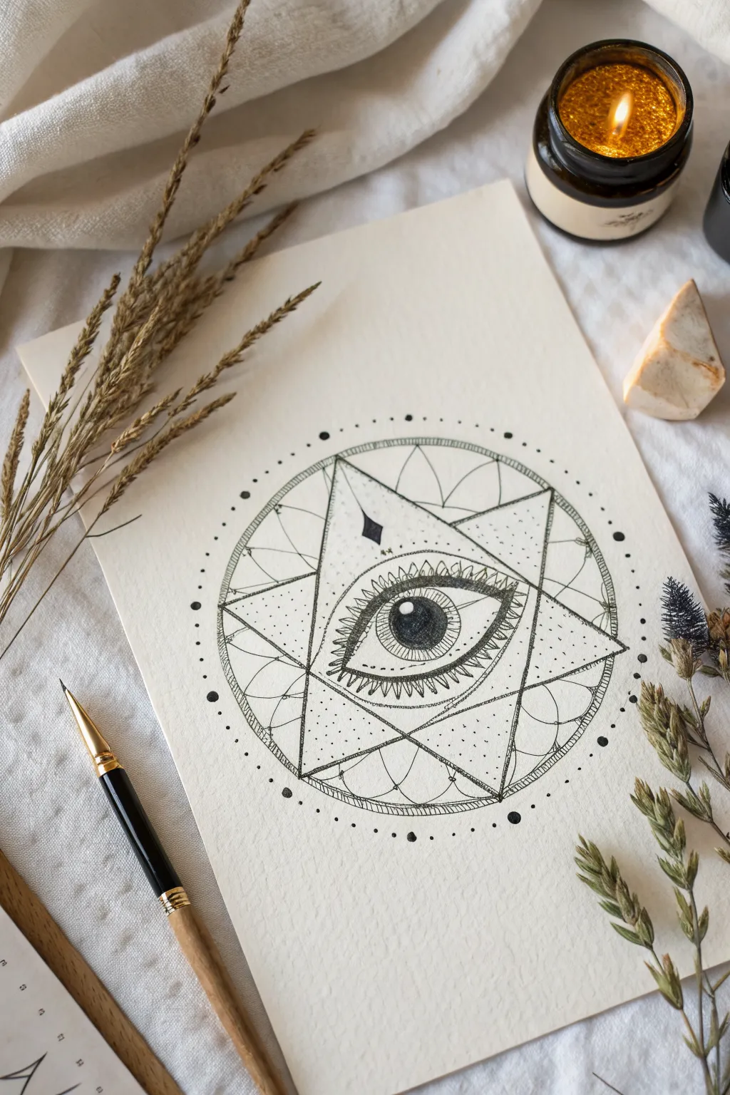 Geometric iris eye sketch with crisp triangles and rings in soft Scandinavian boho tones