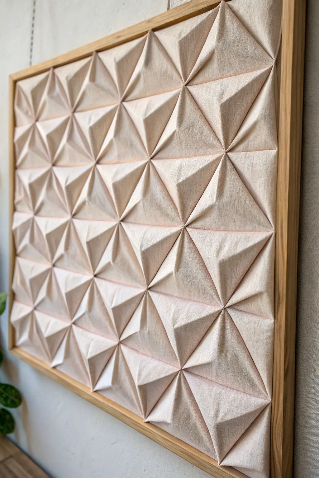 Minimal folded fabric relief panel, softly lit to reveal crisp 3D origami shadows