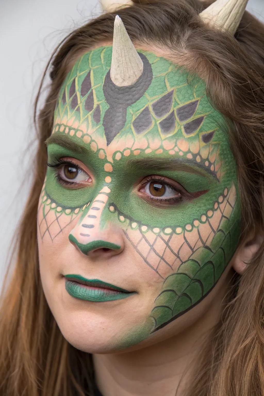 Dinosaur scales, shaded snout, and subtle horn ridges in a clean, high-contrast face paint look