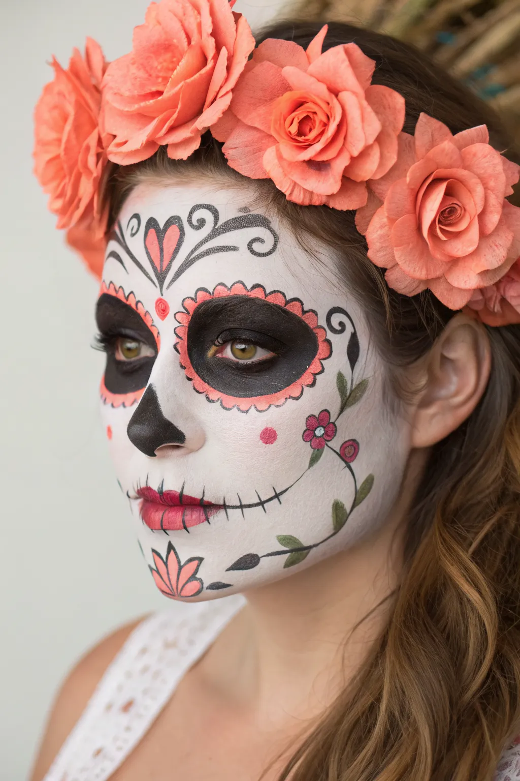 Floral sugar skull glam with crisp symmetry, filigree dots, and bold blooms for face paint inspo