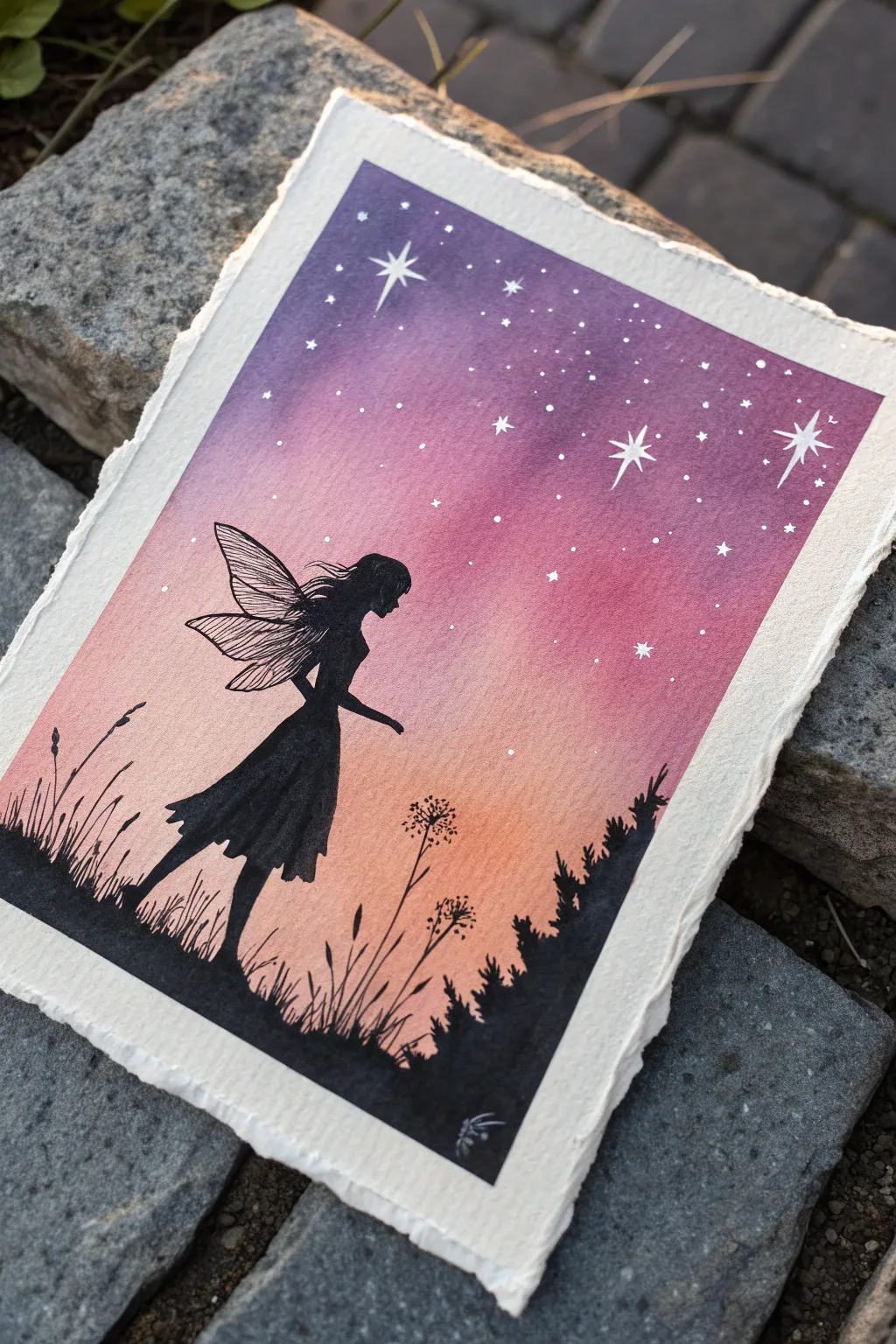 Bold fairy silhouette over a peach-to-purple sunset gradient, sprinkled with tiny stars.