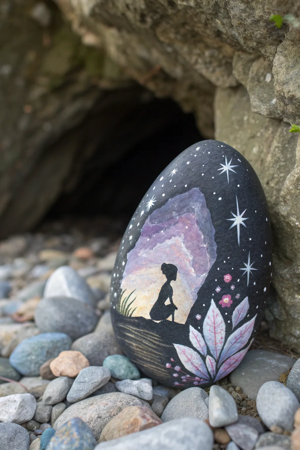 Crystal cave fairy hideout rock with glowing painted gems, minimal boho mood and cozy contrast