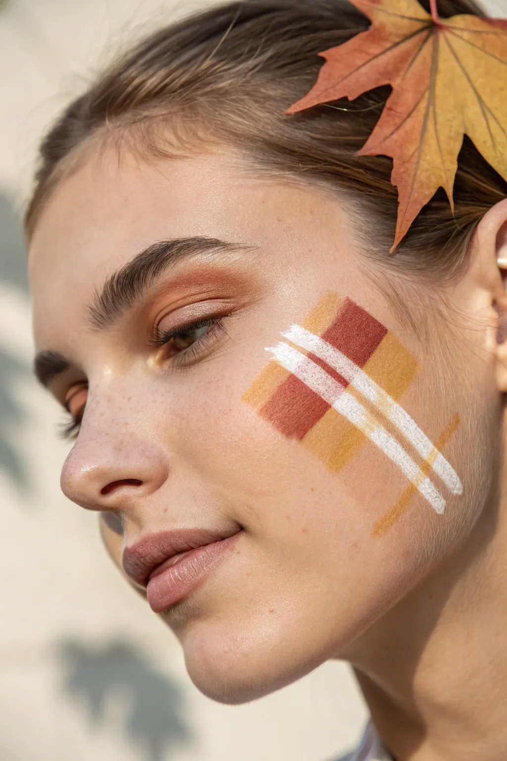 Plaid flannel cheek art with a tiny maple leaf, cozy fall vibe in clean warm tones