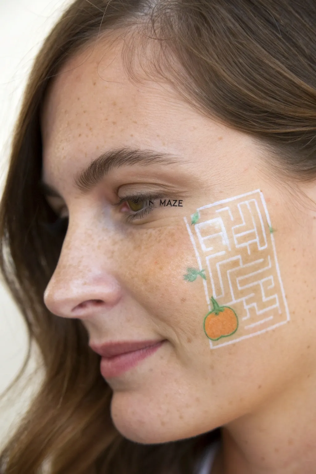 Harvest corn maze face paint with clean winding paths and a tiny pumpkin goal, Pinterest ready
