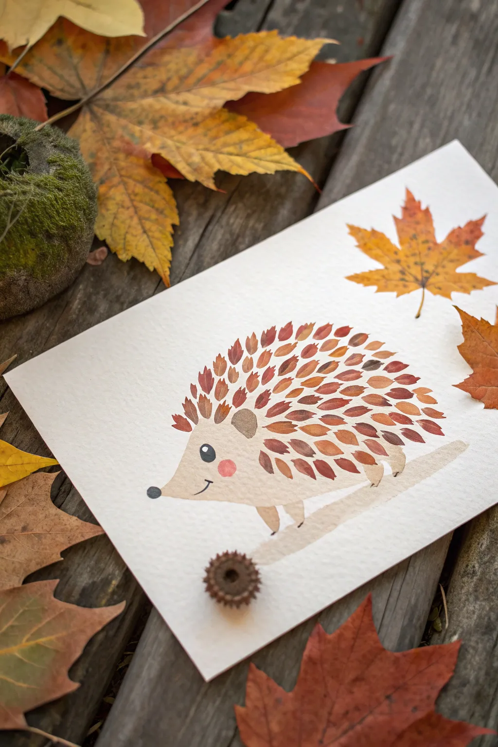 Cozy fall finger painting: a simple hedgehog with leafy fingerprint spines in warm autumn tones