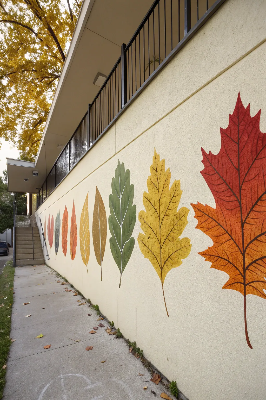 Fall leaf rainbow gradient mural in Scandinavian minimal style, fresh color shift for cozy walls