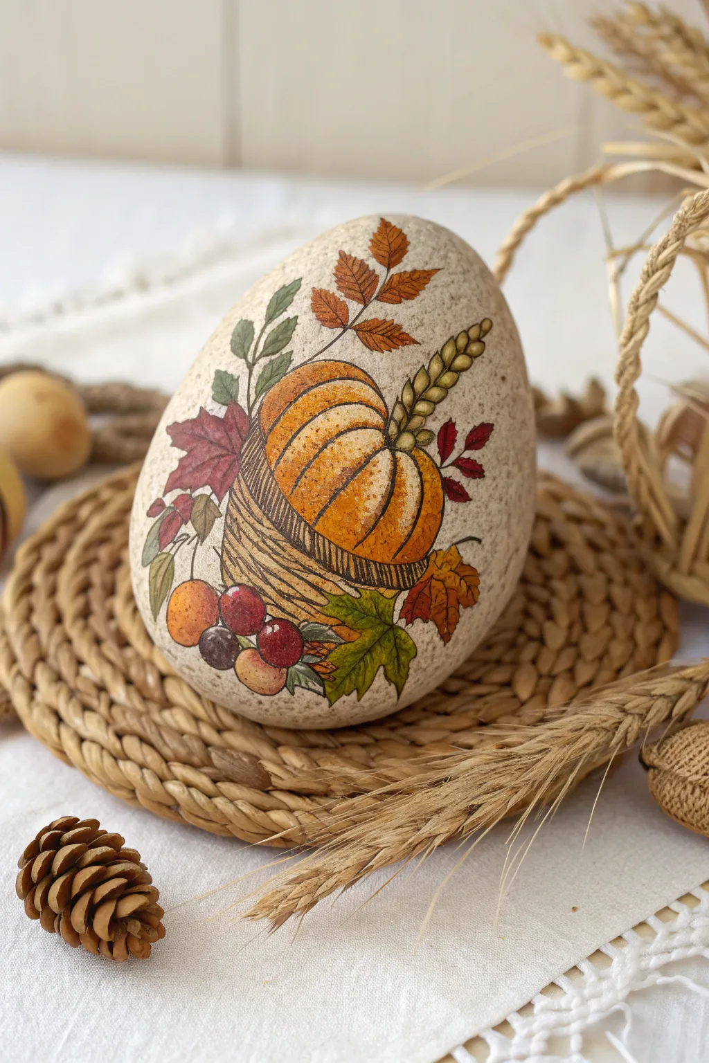Hand-painted cornucopia rock nestled in a woven basket for cozy fall decor