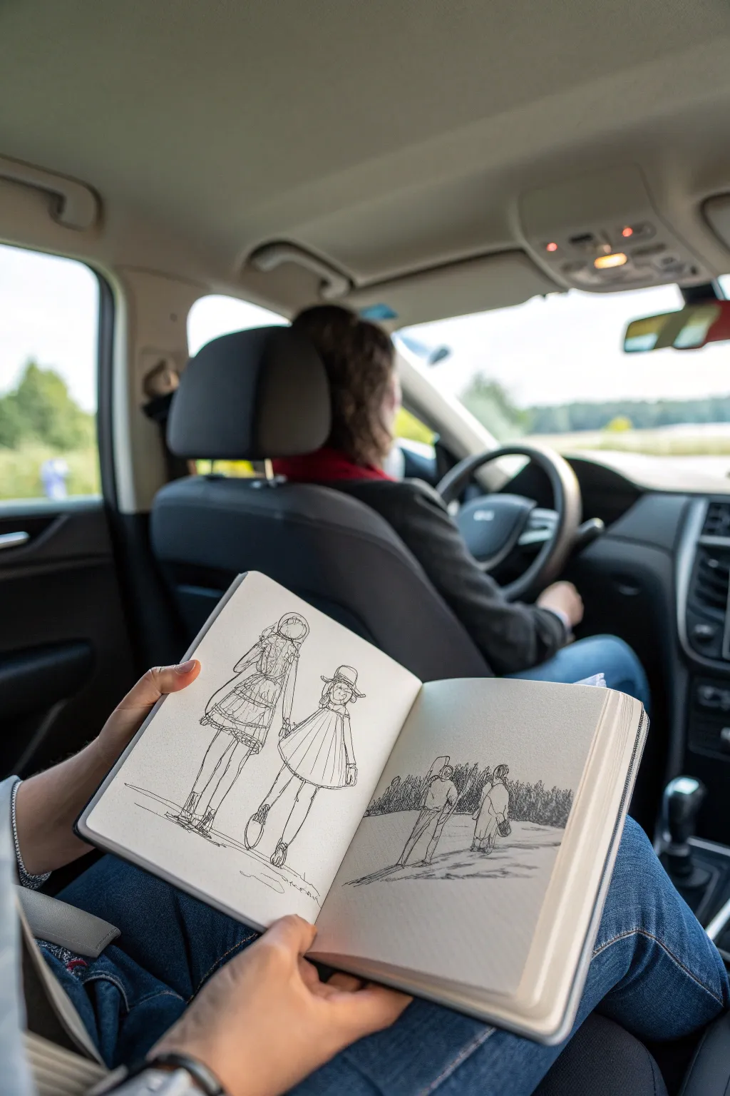 Cozy road trip inspiration: sketch a family from the front seats with simple lines and warm vibes.