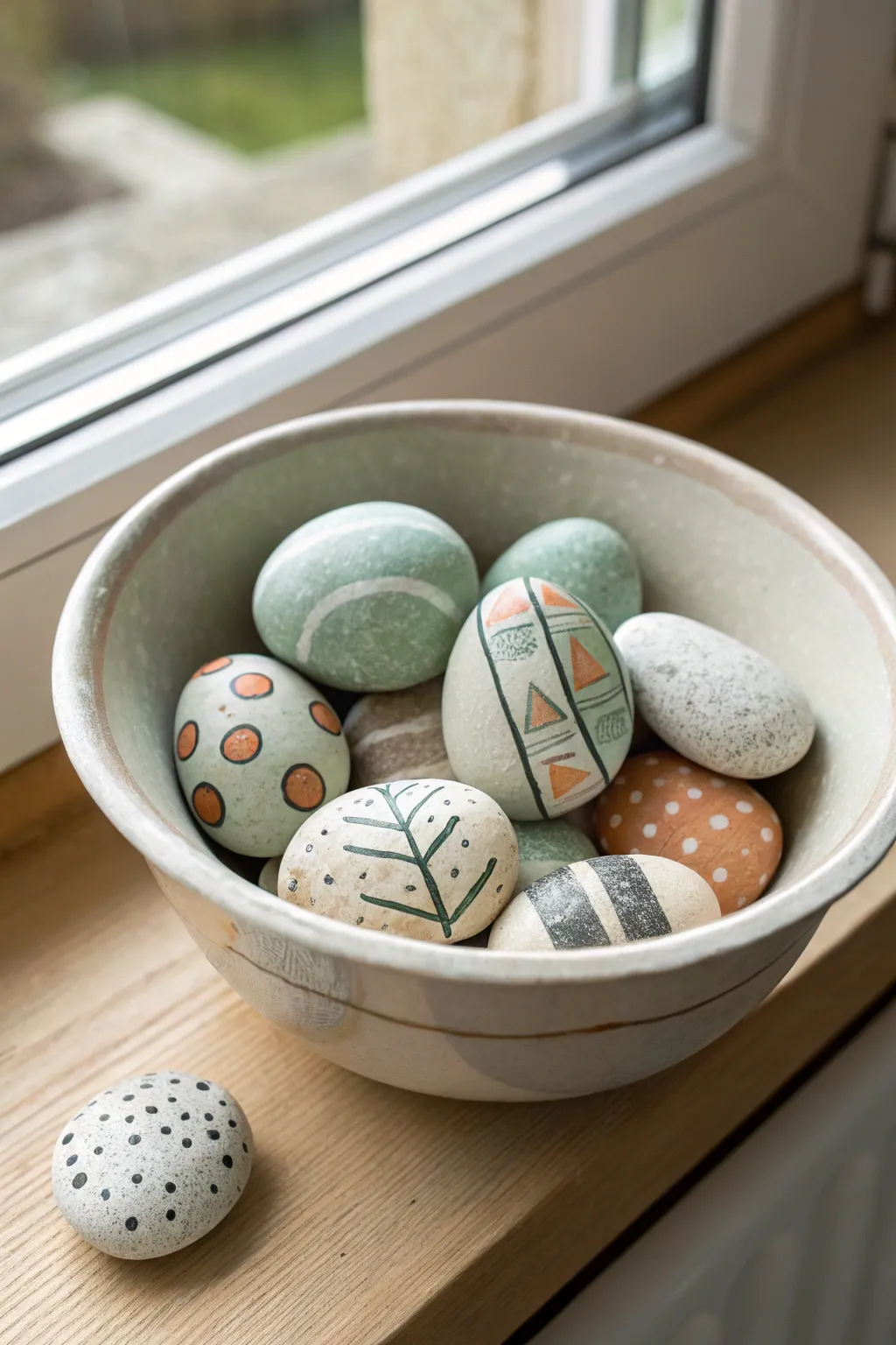 Painted rock display set in a neutral bowl, perfect for a cozy family paint night