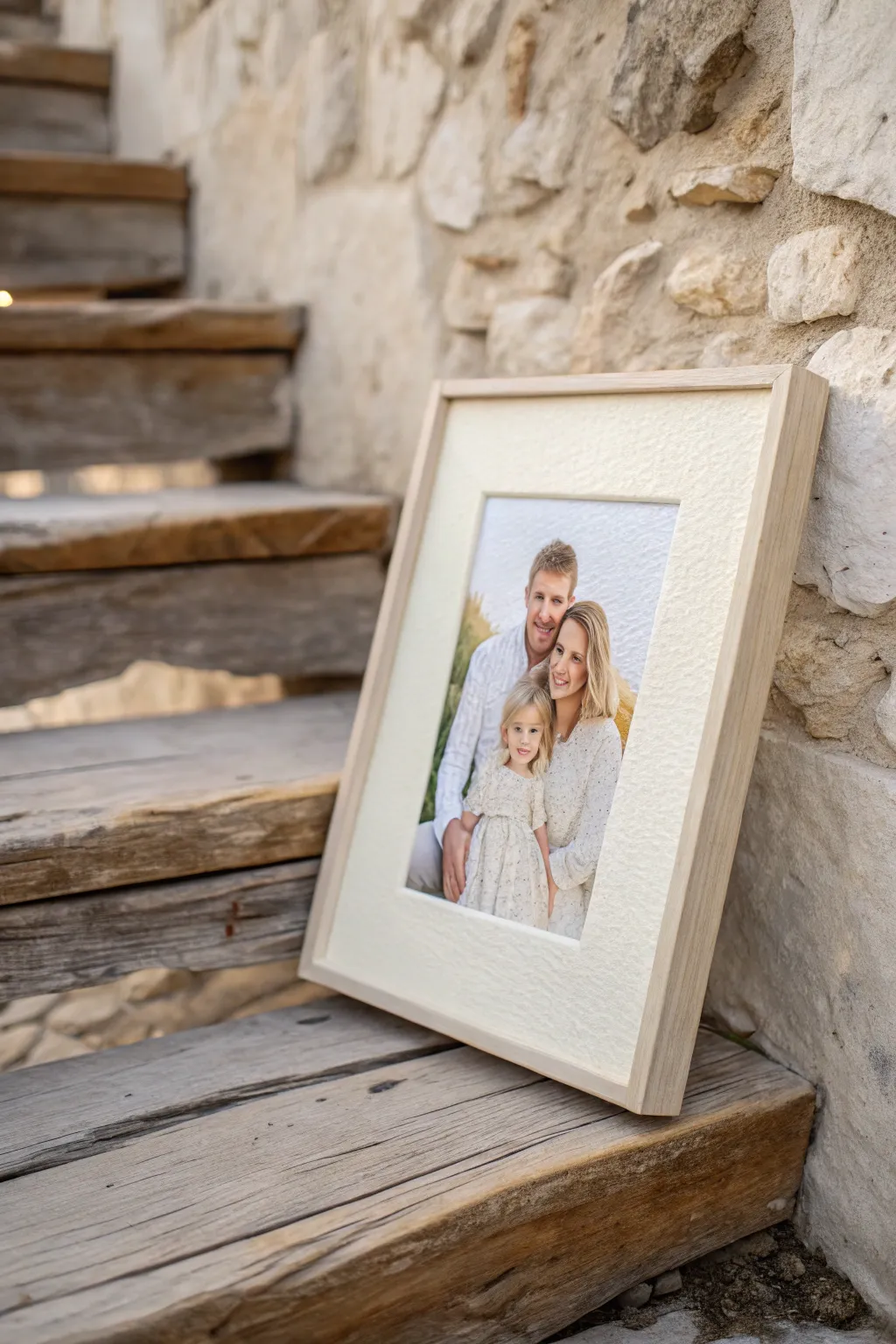 Rustic steps and stone textures make a minimalist family portrait feel warm, timeless, and handmade.