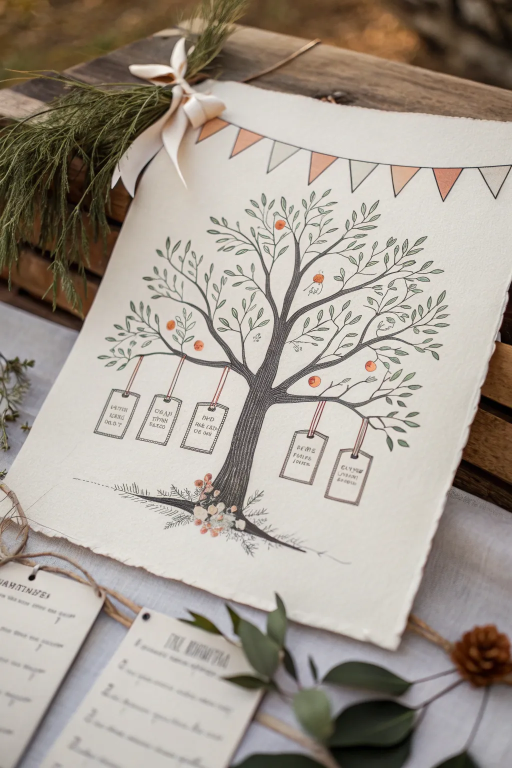 Minimalist family milestones tree with blank date plaques along branches, perfect for custom details