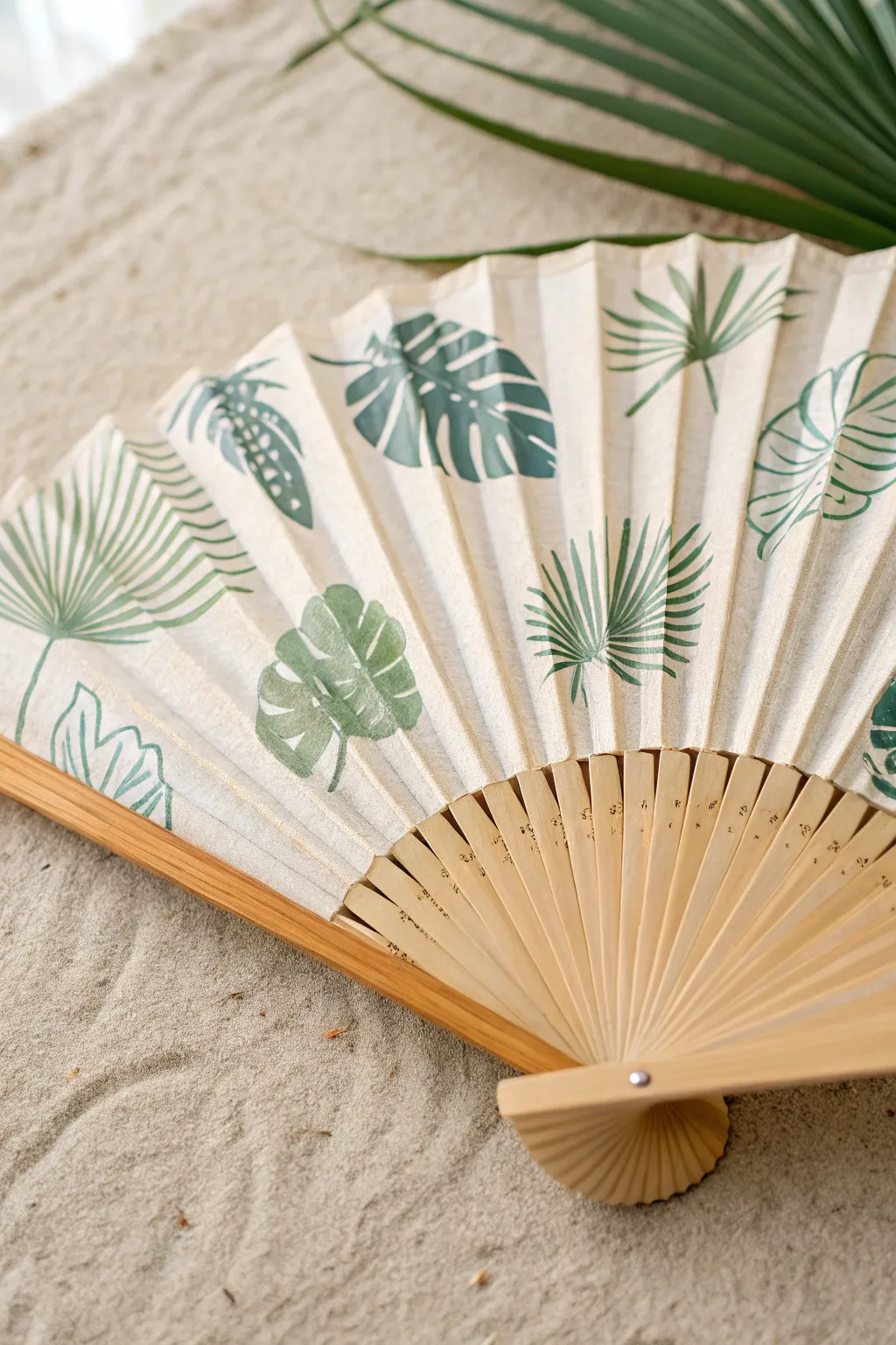 Tropical leaf folding fan in warm sunlight, crisp shadows and minimalist boho styling