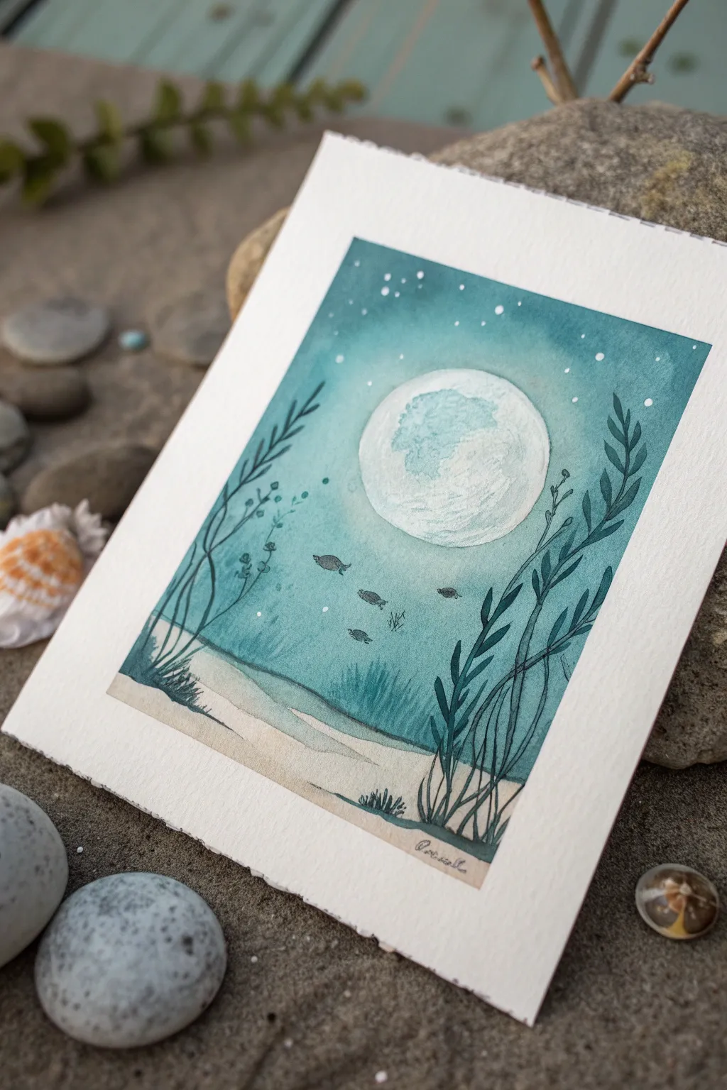 Easy fantasy art: a glowing pearl moon lighting a calm, minimalist underwater garden