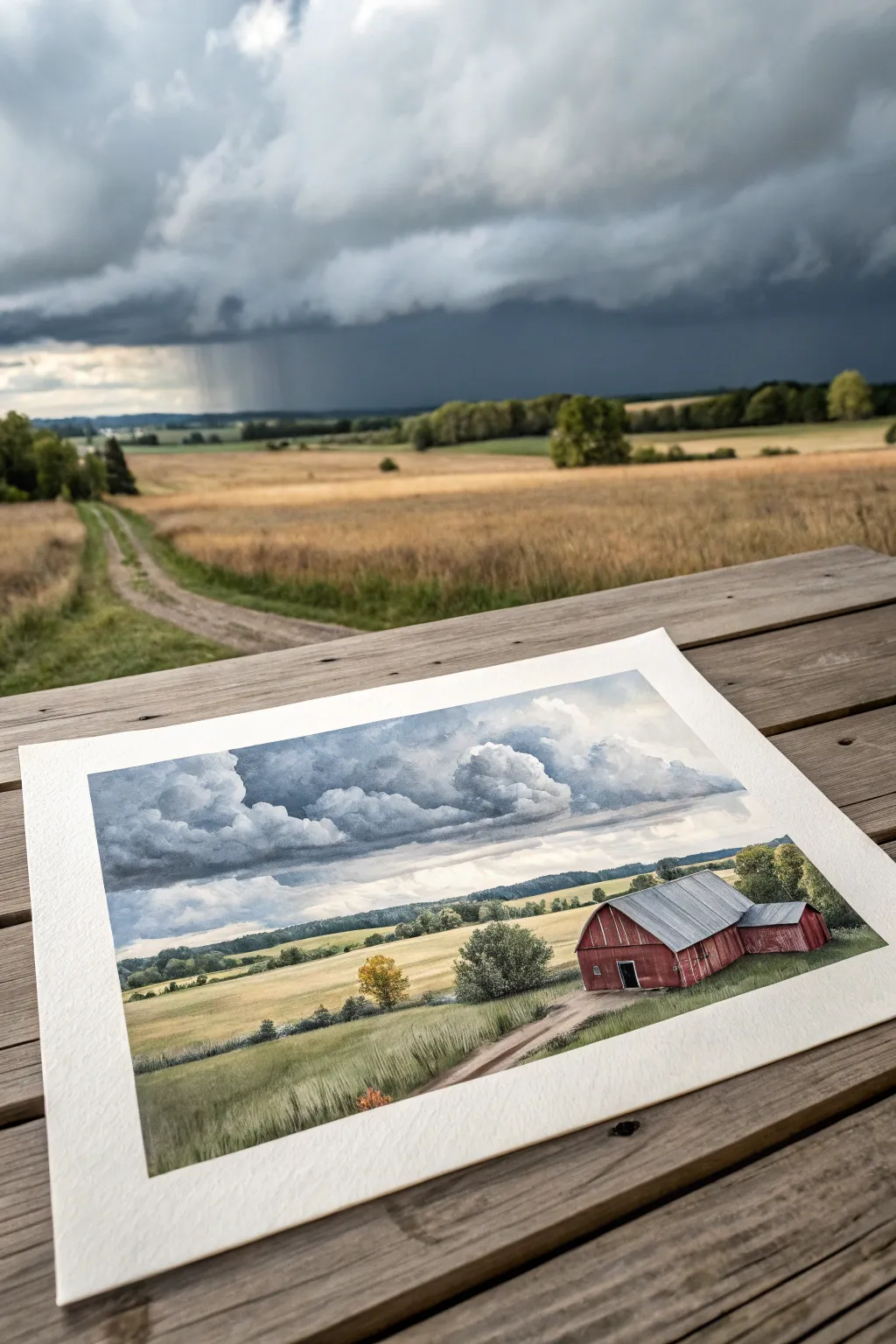 Moody barn under rolling storm clouds, a minimalist farm painting idea with a burst of light