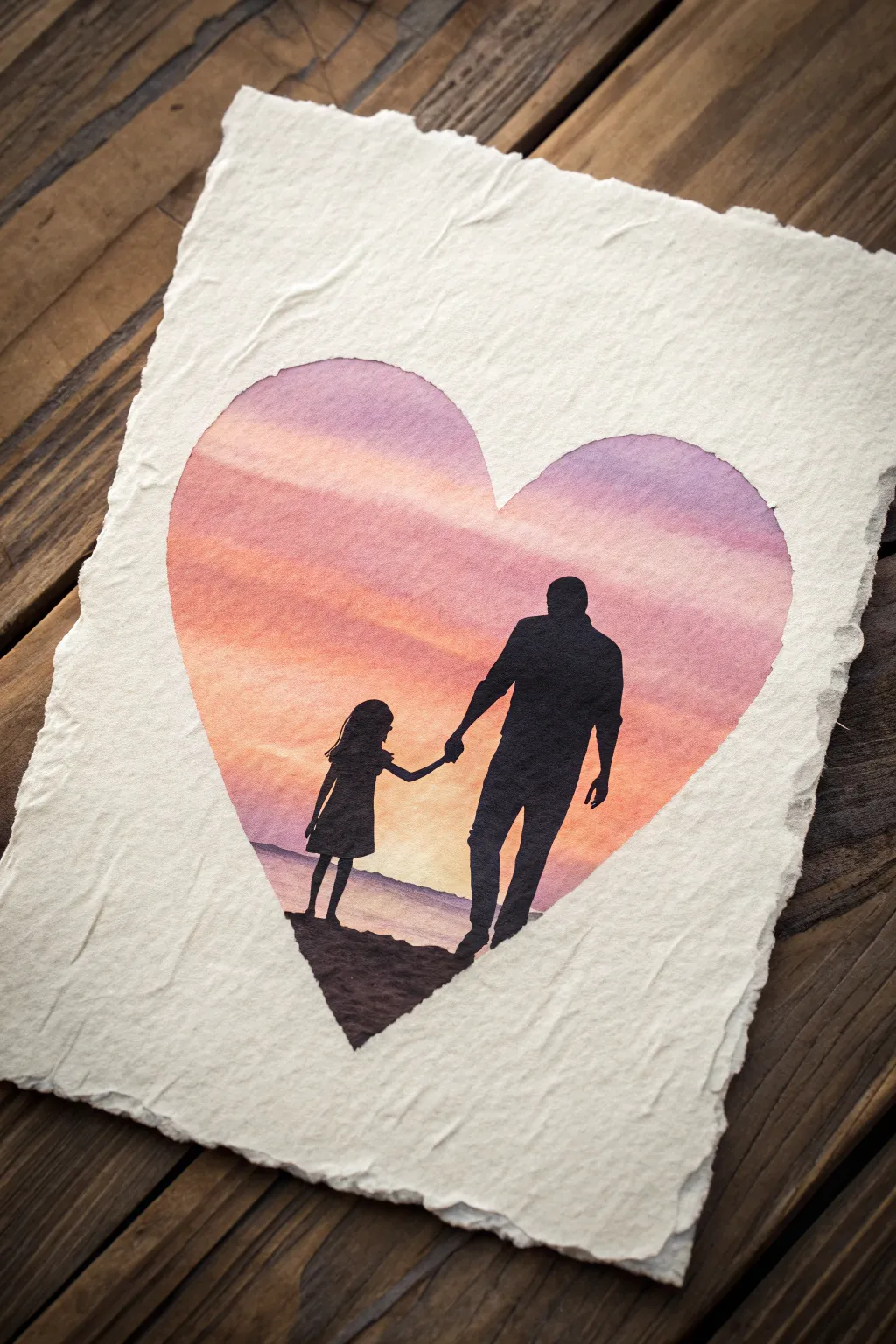 Minimal heart sunset silhouette painting idea for a sweet father–daughter art moment