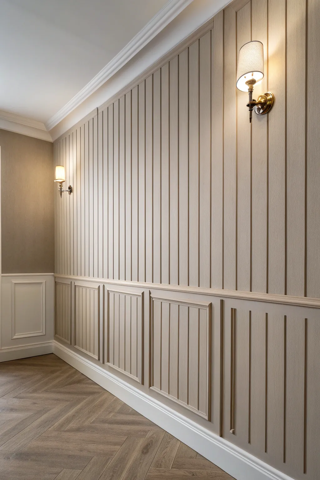 Subtle tone-on-tone stripes appear as light grazes the wall, sheen doing the work.