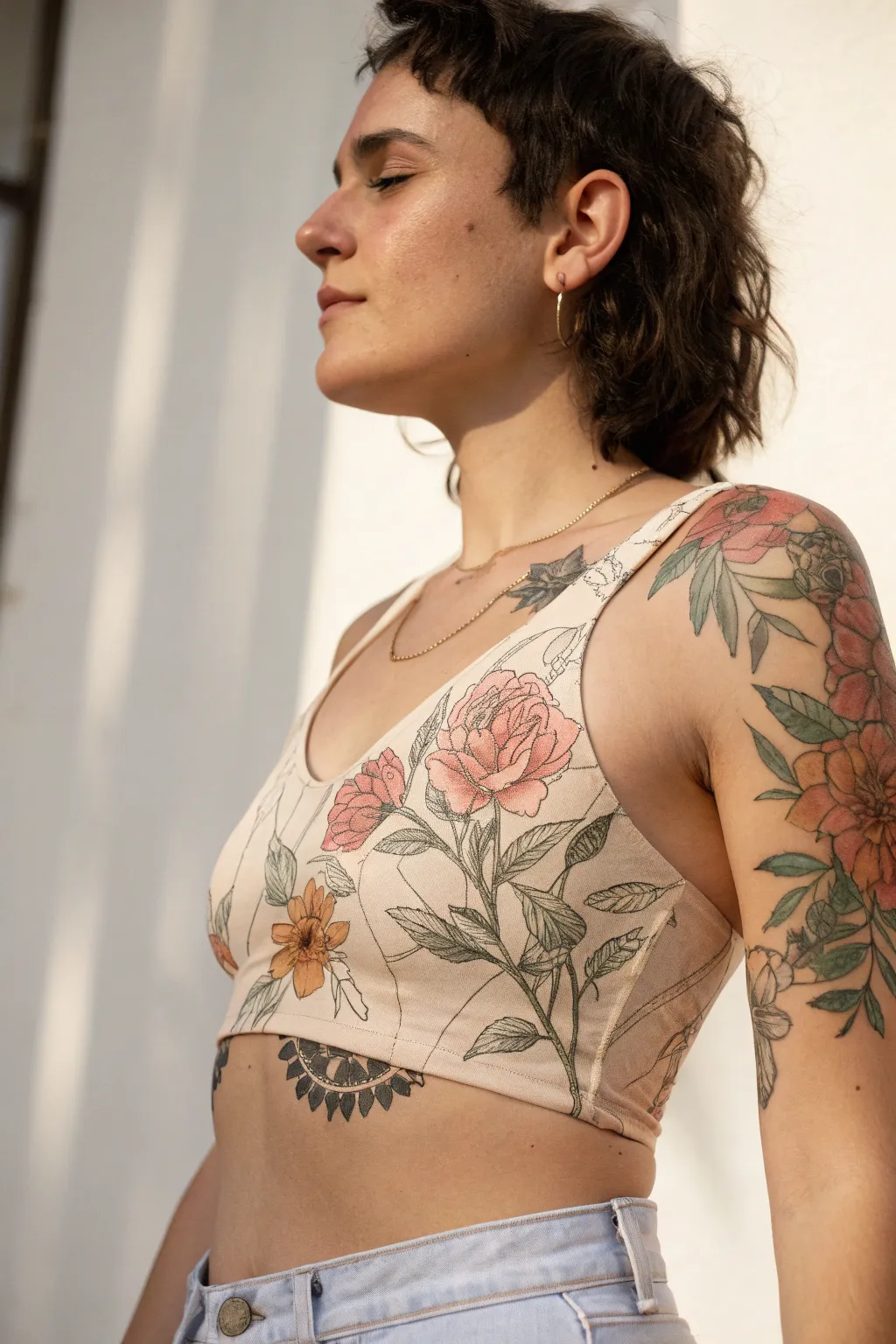 Minimal anatomy line art with translucent florals, a modern boho body painting inspiration