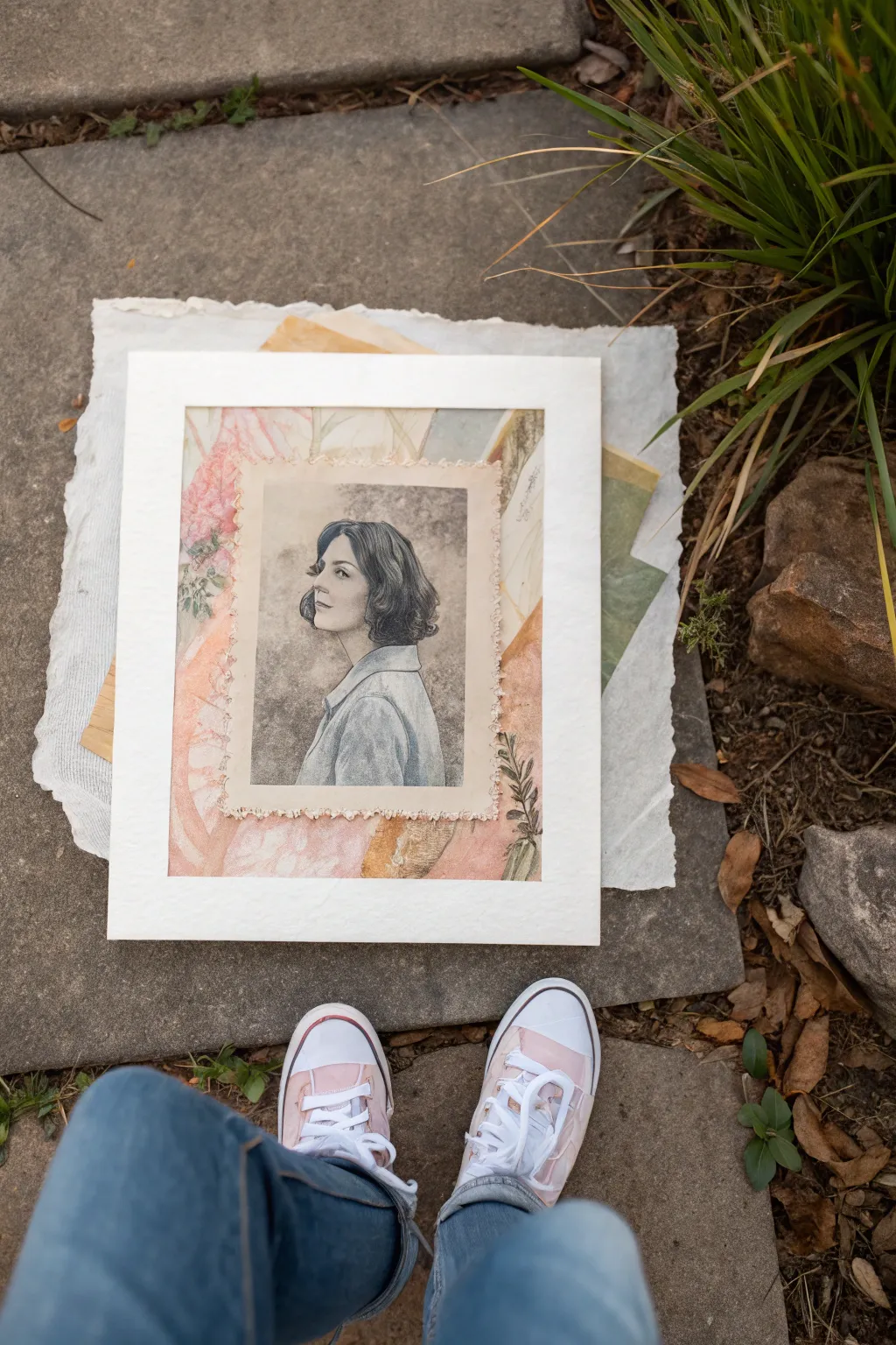 Layered torn-paper collage with soft washes and a crisp graphite figure overlay for mixed media magic.