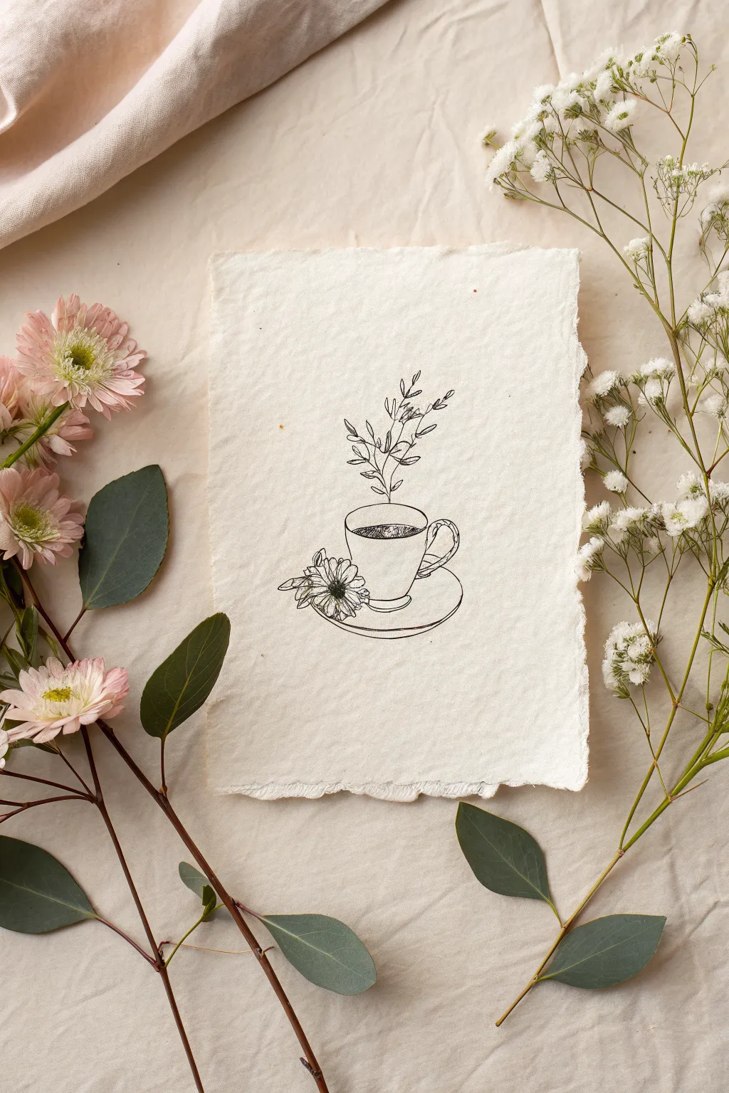Surreal fine line teacup with wildflowers sprouting up, minimalist and dreamy Scandinavian boho