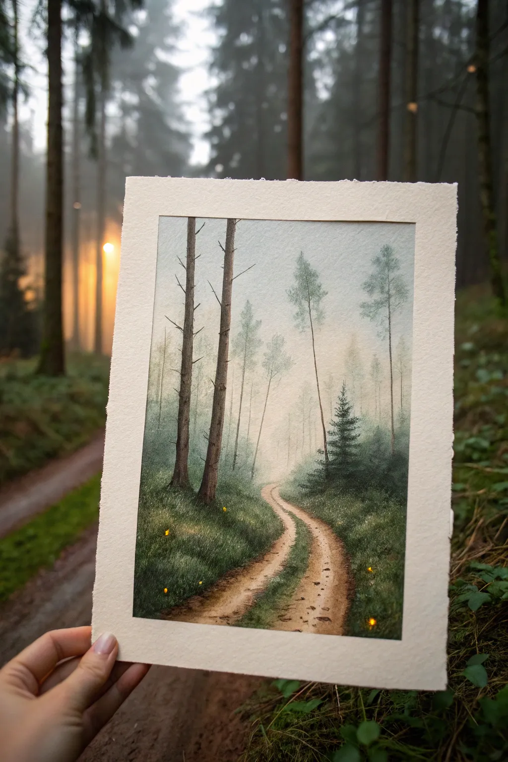 Misty woodland path with glowing fireflies, calm Scandinavian-boho watercolor inspiration