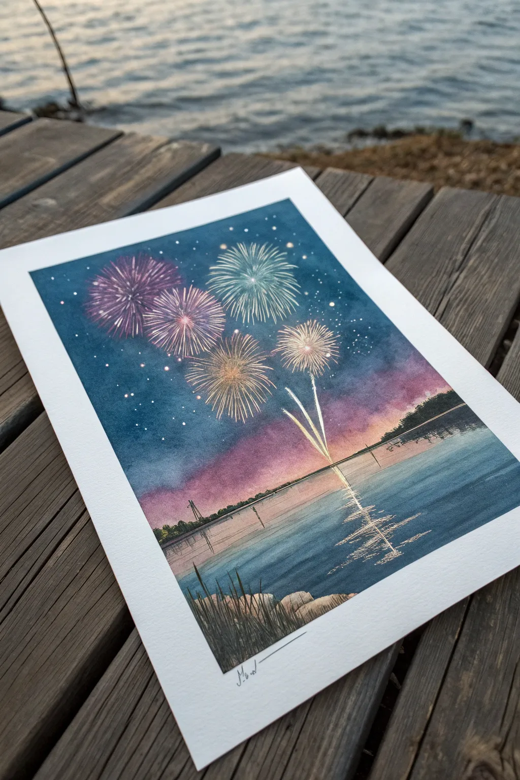Minimalist fireworks over water with mirrored color streaks, calm night contrast and boho hues