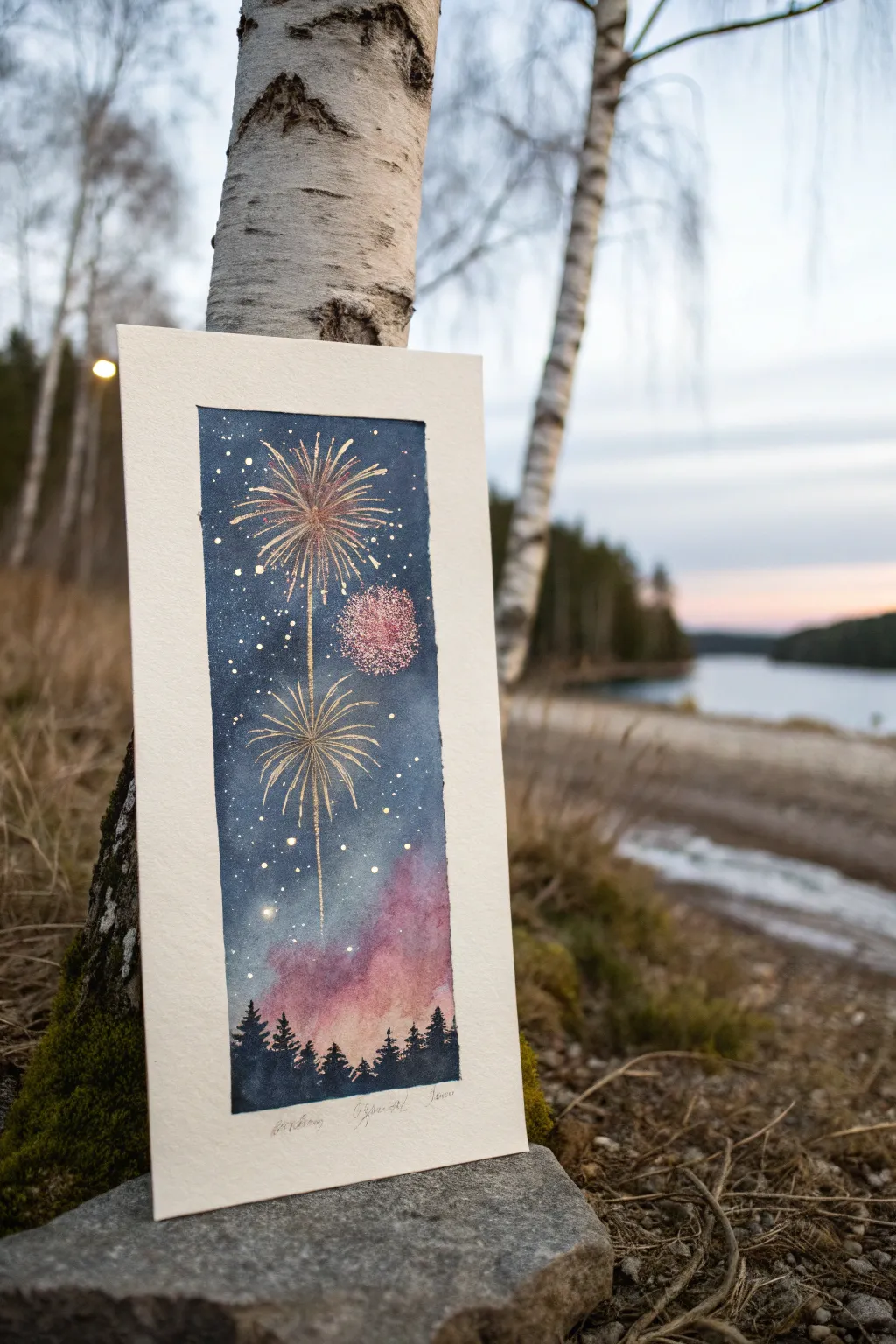 Minimalist night-sky artwork: soft silhouettes below and glowing fireworks above for easy drawing.