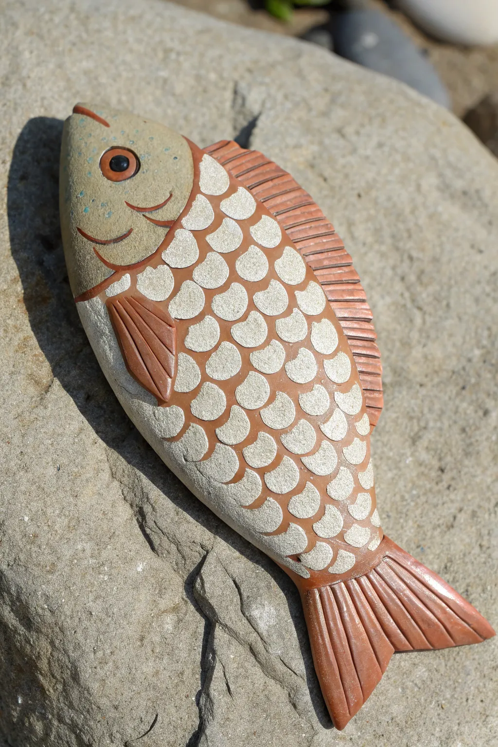 Neat dot-painted fish rock scales in soft neutrals with a bold fin, minimalist boho vibe