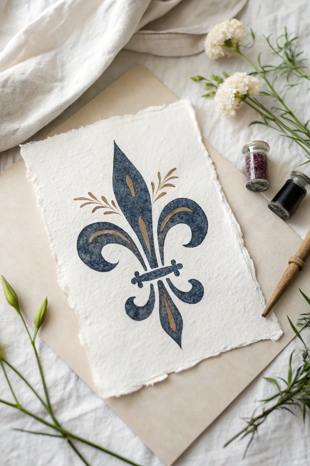 India ink fleur de lis with flowing washes, soft blooms, and elegant drips on clean paper