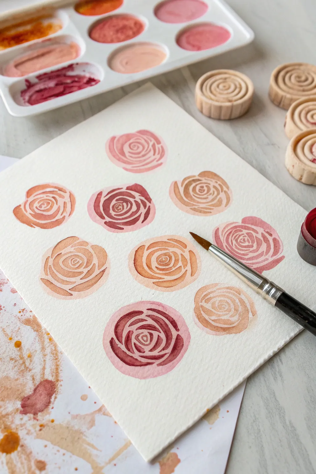Quick DIY rose stamps with veggie spirals, minimal boho flat lay for floral art ideas.